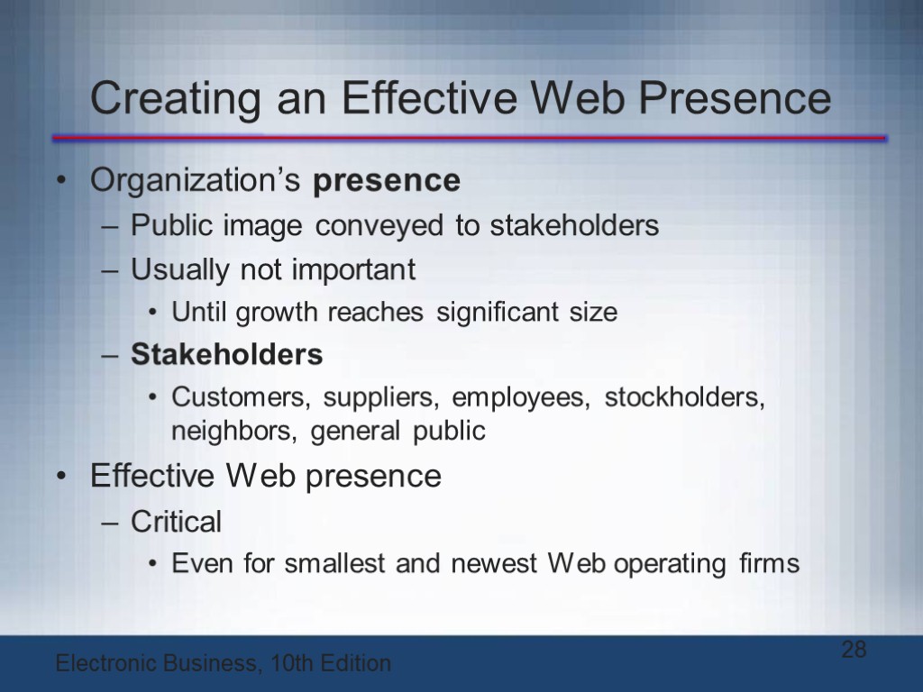 Creating an Effective Web Presence Organization’s presence Public image conveyed to stakeholders Usually not